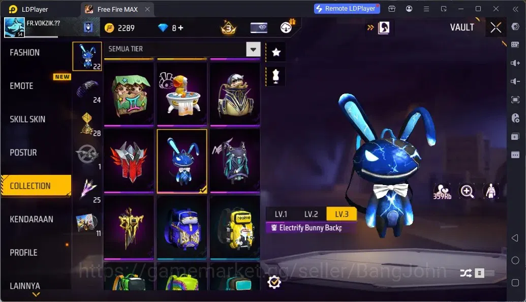 Free Fire Accounts Indonesia | 1 EVO (WOODPECKER-MAJESTIC PROWLER Lv4)| M1887- HAND OF HOPE| Electrify Bunny Backpack 15