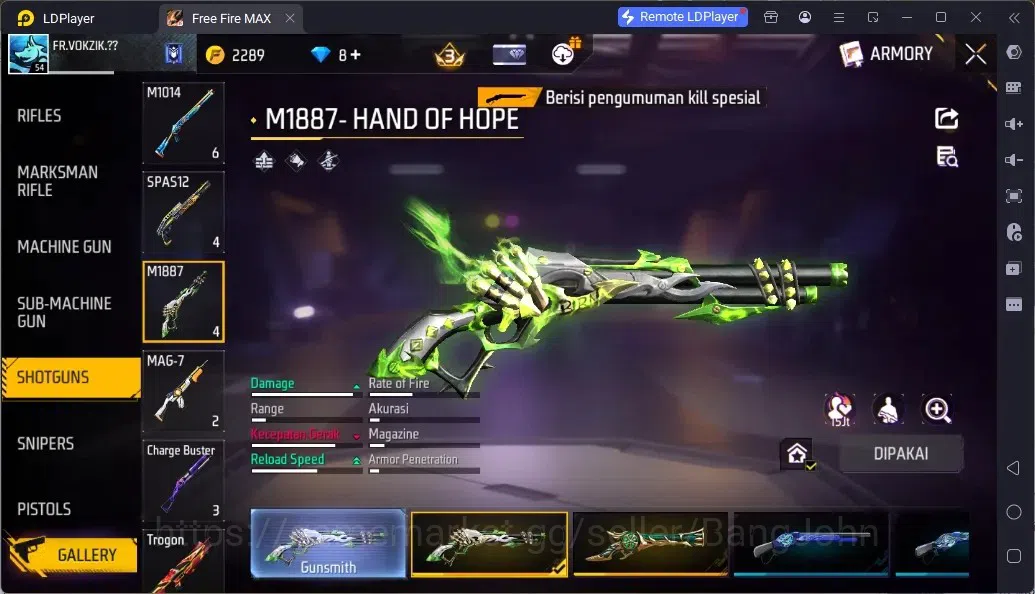 Free Fire Accounts Indonesia | 1 EVO (WOODPECKER-MAJESTIC PROWLER Lv4)| M1887- HAND OF HOPE| Electrify Bunny Backpack 3