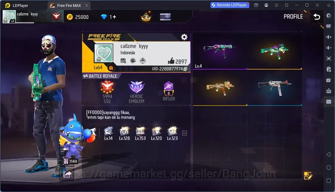 Free Fire Accounts Indonesia | Evo: M1887 Sterling Conqueror Lv5| 4 M1887 Skins |Electrify Bunny Backpack| Orochimaru Bundle 1
