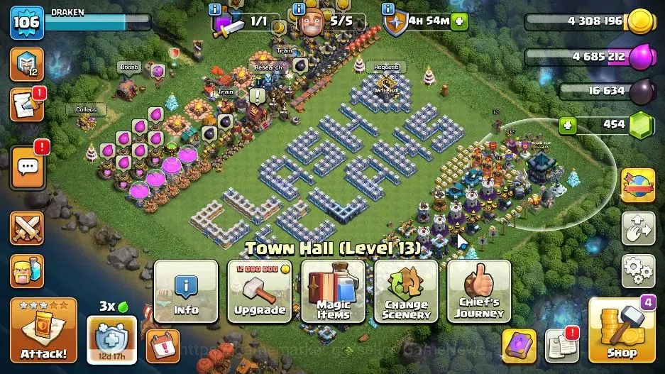 Clash of Clans Accounts High-End LV106 TH 13-BH 8|HH 7|Limited Skin|BK 57,AQ 57,GW 27,MP 33,RC 11|BM 10/BC 15|454 Gems|CN 1