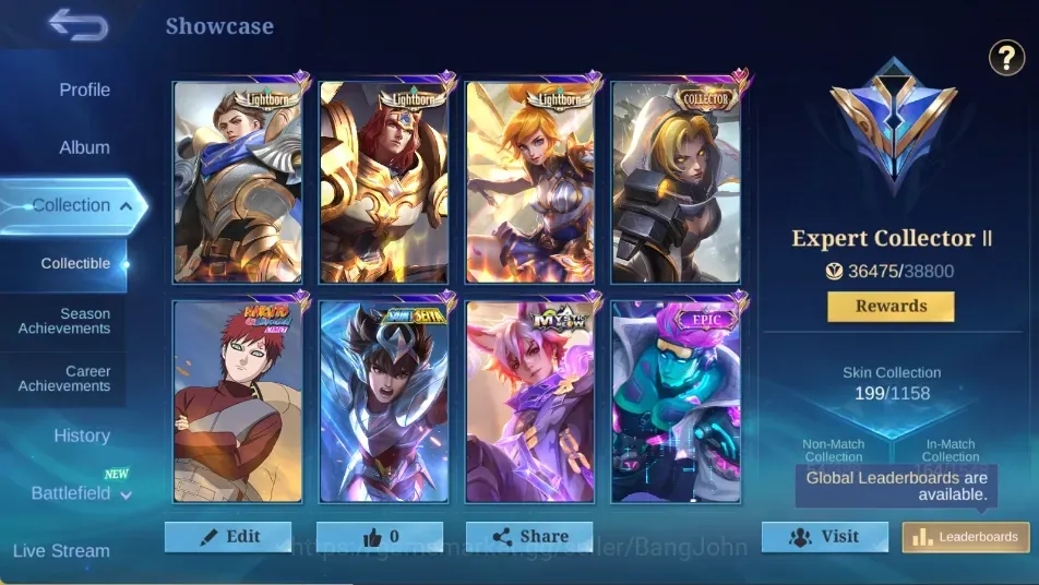 Mobile Legends: Bang Bang Accounts Collector Global|138Hero|199Skin|Expert|Lightborn Alucard Tigreal Fanny|Gaara|Collector 1