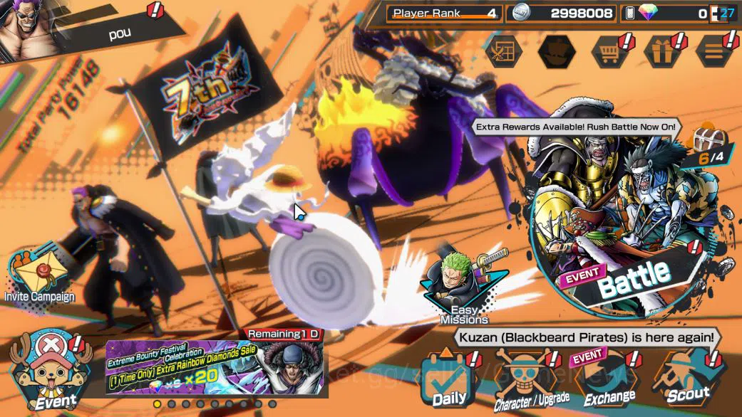 One Piece Bounty Rush Accounts Starter Global|4 EX|BP Kuzan,5Elders Saturn,FilmZ Zephyr,Gear5 Luffy|Rank
