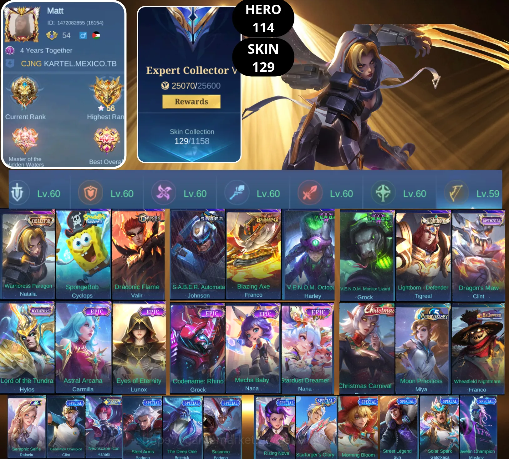 Mobile Legends: Bang Bang Accounts Smurf BEST OFFER | HERO 114 | SKIN 129 | NATALIA COLLECTOR | CYCLOPS SPONGEBOB | VALIR 1