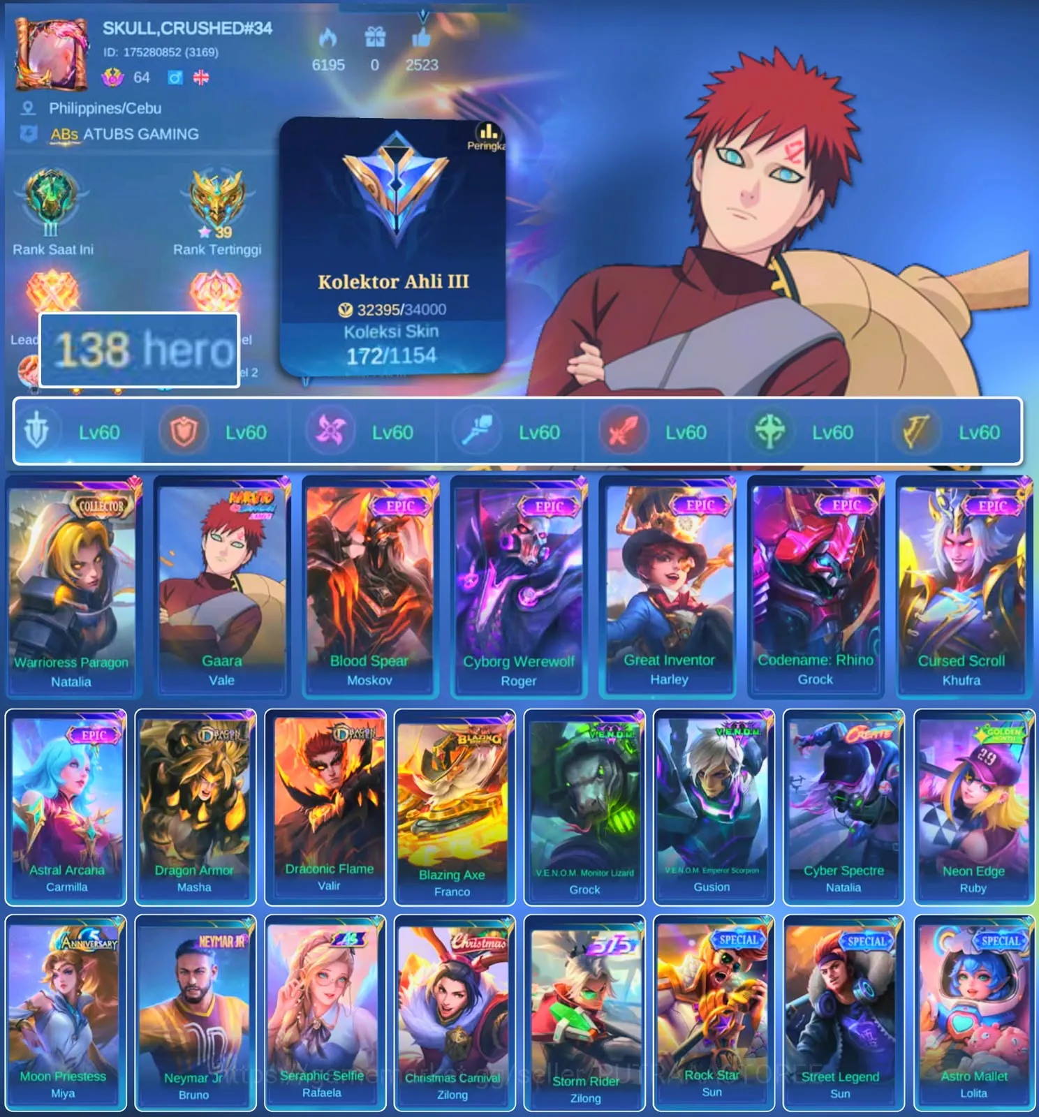 Mobile Legends: Bang Bang Accounts Others HERO 138 SKIN 172 | EMBLEM ALL MAX| COLECTOR NATALIA| VALE GARA| EPIC ROGER | EPIC 1