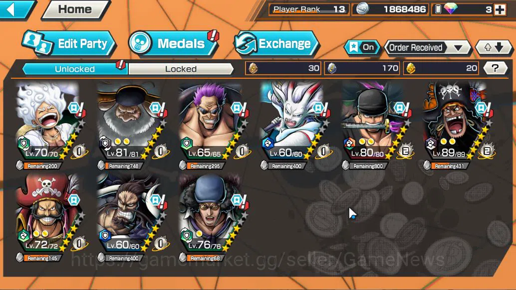 One Piece Bounty Rush Accounts Mid-Tier Global|9EX|G5 luffy,T5E Saturn,FilmZ Zephyr,OnM Yamato,RoO Zoro,T4E D.Teach,KoP 3