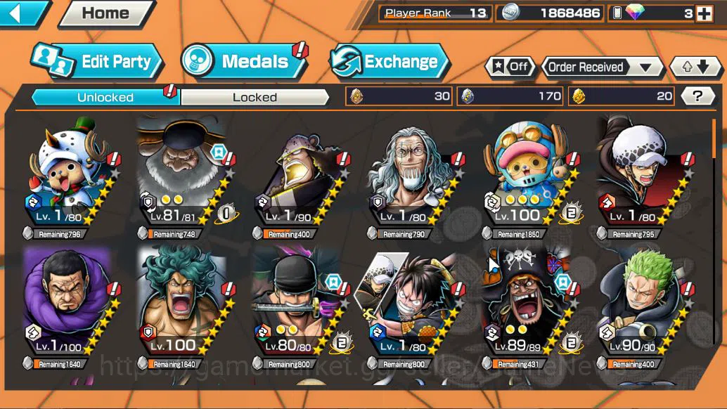 One Piece Bounty Rush Accounts Mid-Tier Global|9EX|G5 luffy,T5E Saturn,FilmZ Zephyr,OnM Yamato,RoO Zoro,T4E D.Teach,KoP 4