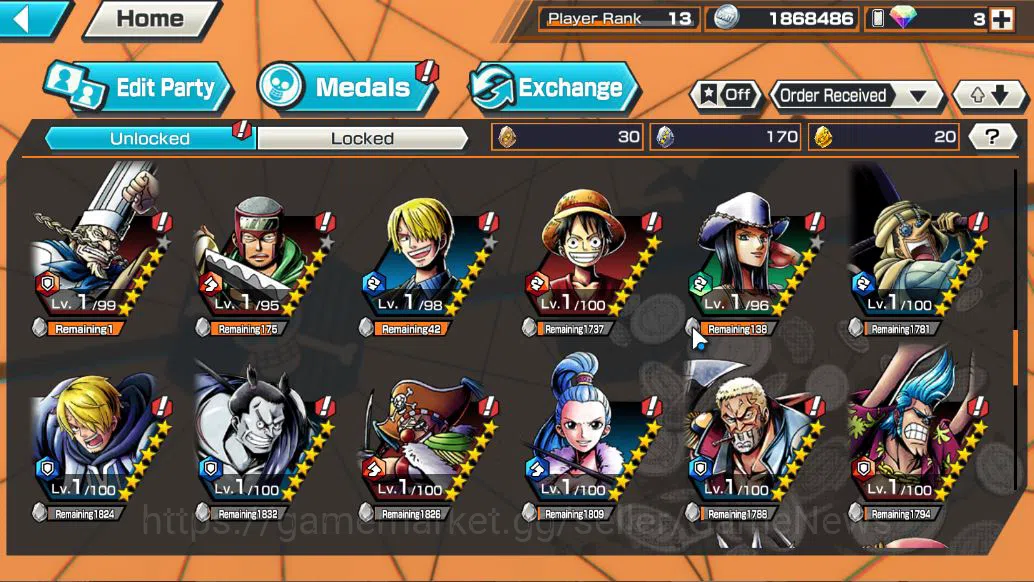 One Piece Bounty Rush Accounts Mid-Tier Global|9EX|G5 luffy,T5E Saturn,FilmZ Zephyr,OnM Yamato,RoO Zoro,T4E D.Teach,KoP 7