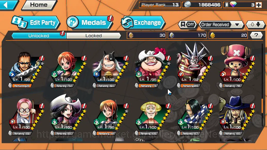 One Piece Bounty Rush Accounts Mid-Tier Global|9EX|G5 luffy,T5E Saturn,FilmZ Zephyr,OnM Yamato,RoO Zoro,T4E D.Teach,KoP 8