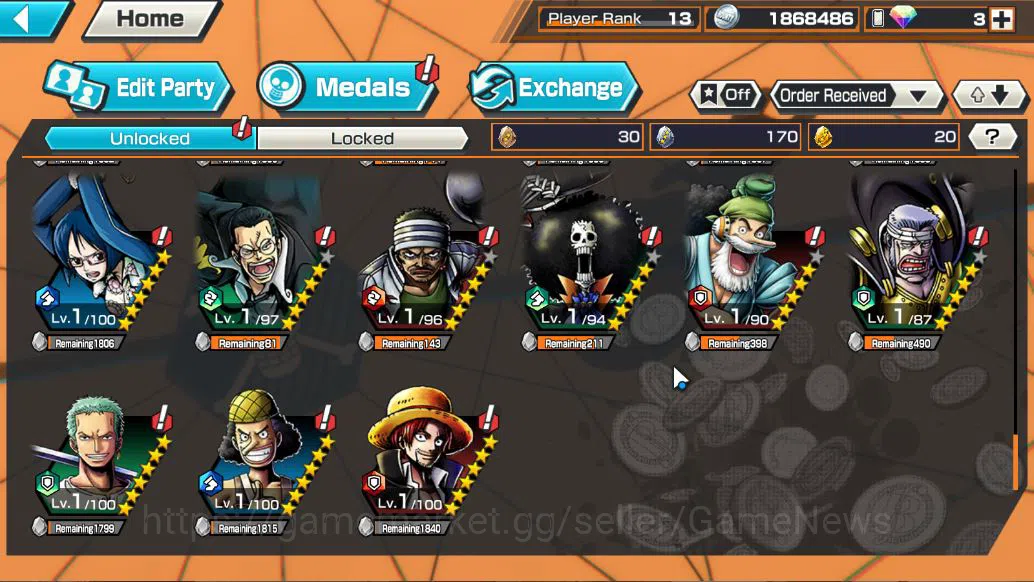One Piece Bounty Rush Accounts Mid-Tier Global|9EX|G5 luffy,T5E Saturn,FilmZ Zephyr,OnM Yamato,RoO Zoro,T4E D.Teach,KoP 9