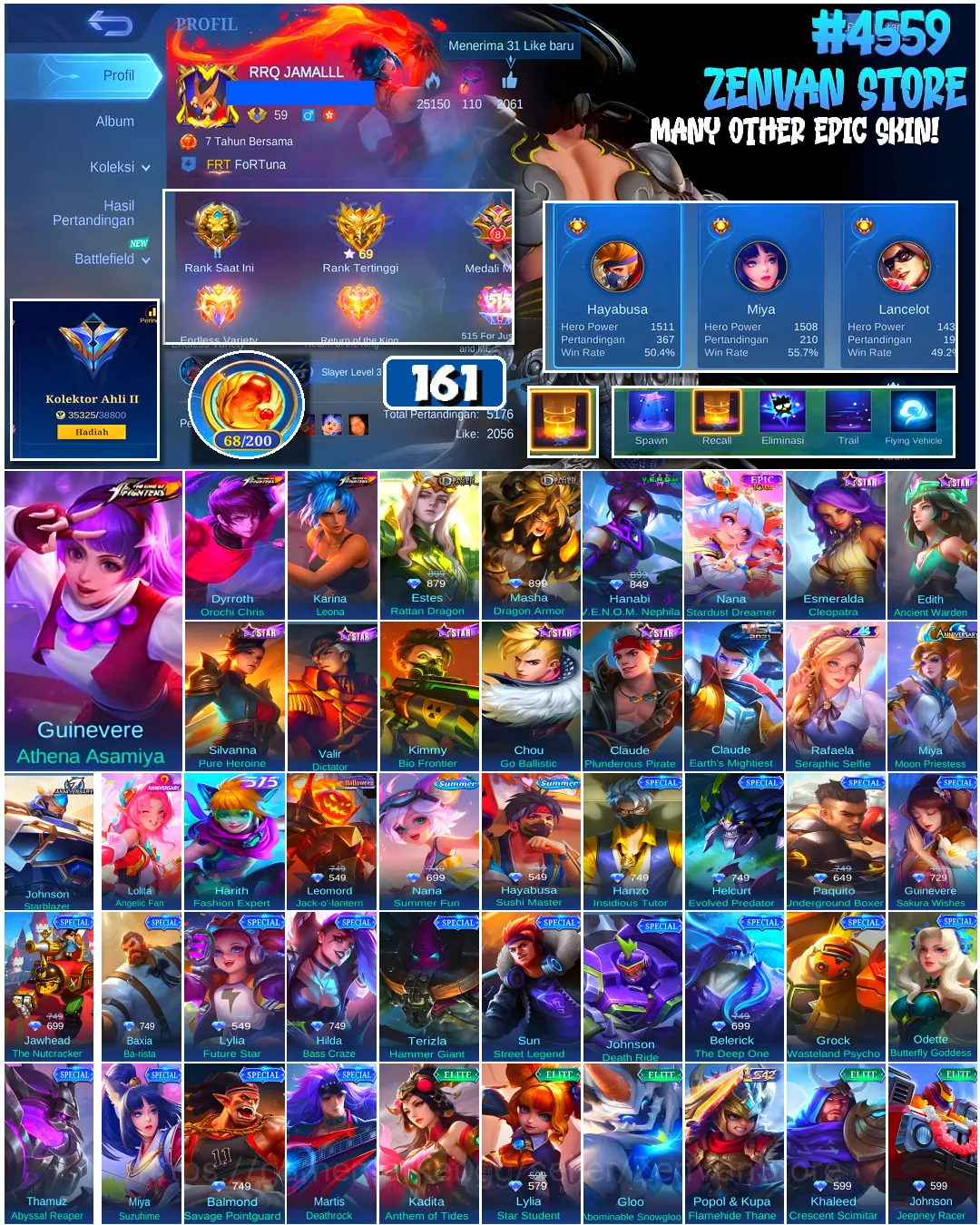 Mobile Legends: Bang Bang Accounts #4559 161 Skins | Dyrroth Orochi Chris (KOF) | Guinevere Athena Asamiya (KOF) | Karina 1