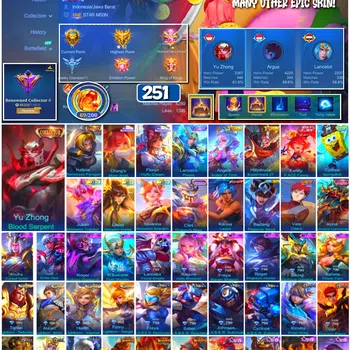 Mobile Legends: Bang Bang Accounts #3973 251 Skins Collector Yu Zhong & Natalia Sanrio Chang'e & Floryn SpongeBob KoF Karina
