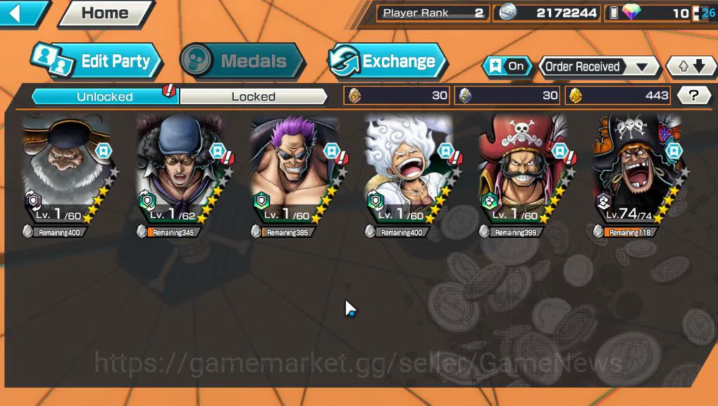 One Piece Bounty Rush Accounts Mid-Tier Global|6 EX| G5 Luffy,T5E Jaygarcia S,KING Gol D.Roger,TFE Marshall D.Teach,BP 3