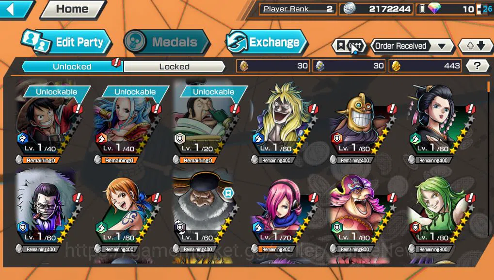One Piece Bounty Rush Accounts Mid-Tier Global|6 EX| G5 Luffy,T5E Jaygarcia S,KING Gol D.Roger,TFE Marshall D.Teach,BP 4