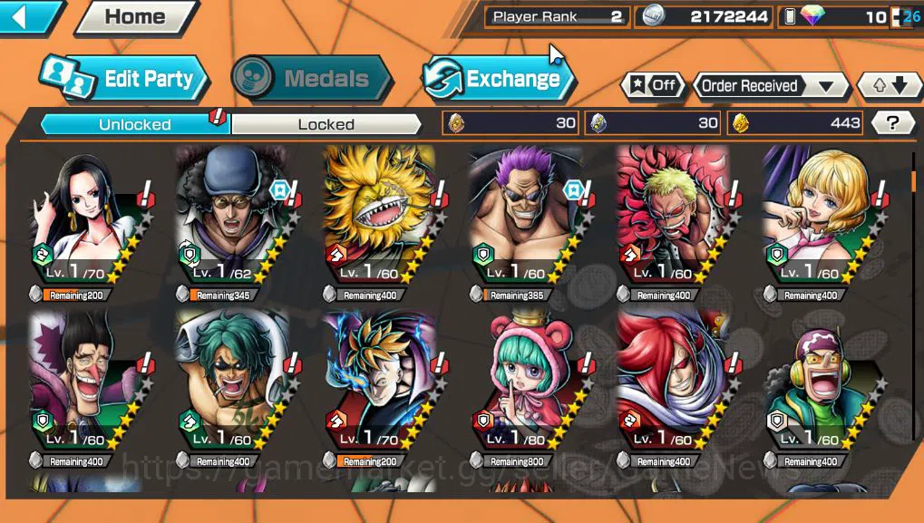 One Piece Bounty Rush Accounts Mid-Tier Global|6 EX| G5 Luffy,T5E Jaygarcia S,KING Gol D.Roger,TFE Marshall D.Teach,BP 5