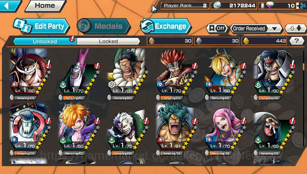 One Piece Bounty Rush Accounts Mid-Tier Global|6 EX| G5 Luffy,T5E Jaygarcia S,KING Gol D.Roger,TFE Marshall D.Teach,BP 6