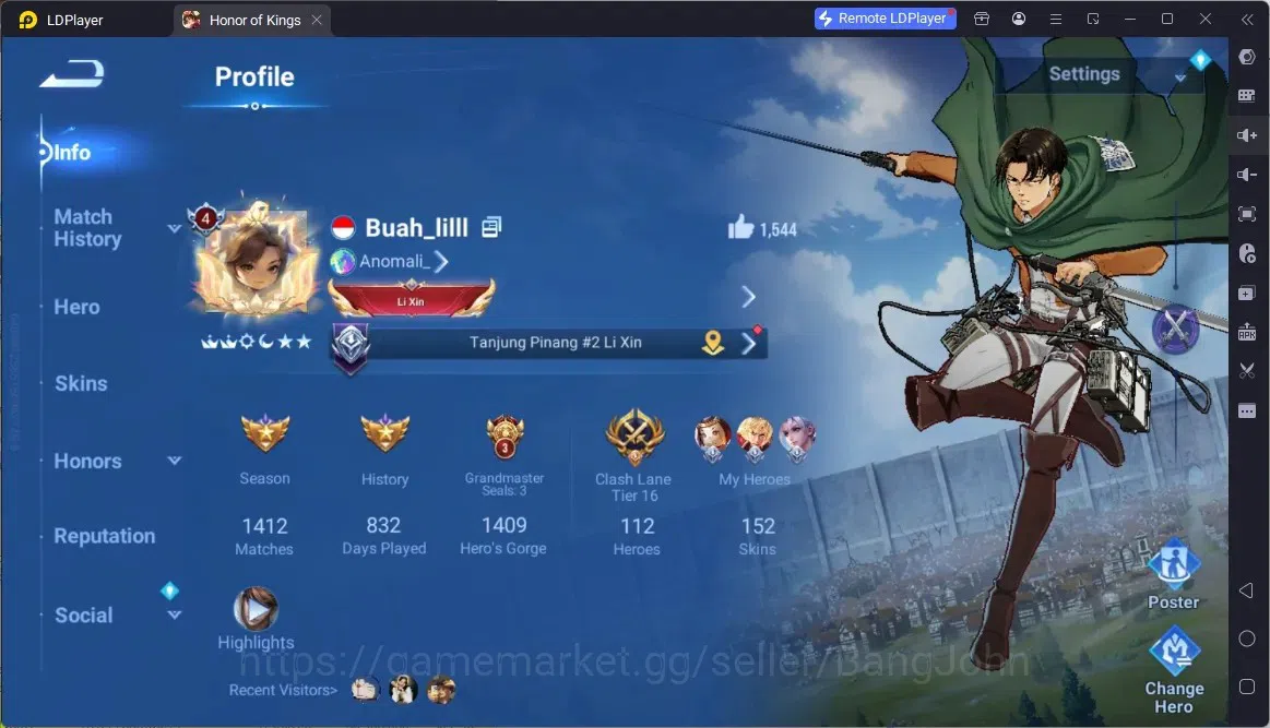Honor of Kings Accounts Global | 112H 152S|Precious AOT Allain, Legend Ang image 1