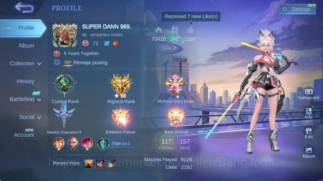 Mobile Legends: Bang Bang Accounts Collector Global|157S|Expert|EPIC Lancelot Yss Change Lunox Kufra 1