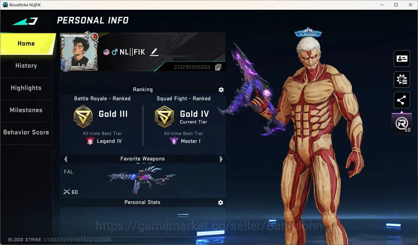 Blood Strike Accounts High-End ASIA | VOLT AOT| 1 Ultra Melee: Axe|1 Evo: FAL|1 Eternal|3 Collab Guns|2 Collab Strikers|2 1