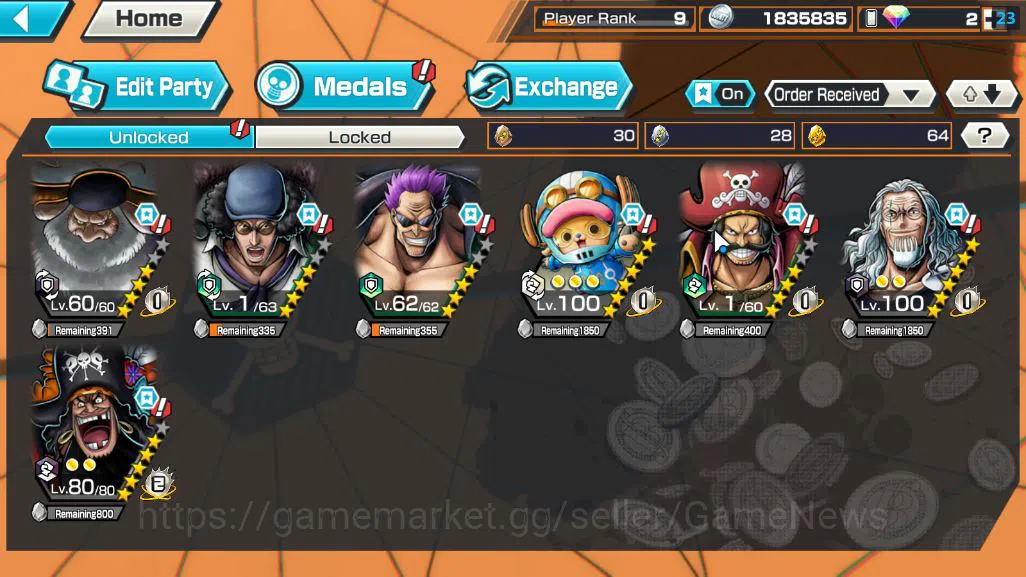 One Piece Bounty Rush Accounts Starter Global|6EX|KOP Gol D roger,Five Elders ST.Saturn,TFE Marshal D Teach,FilmZ 5