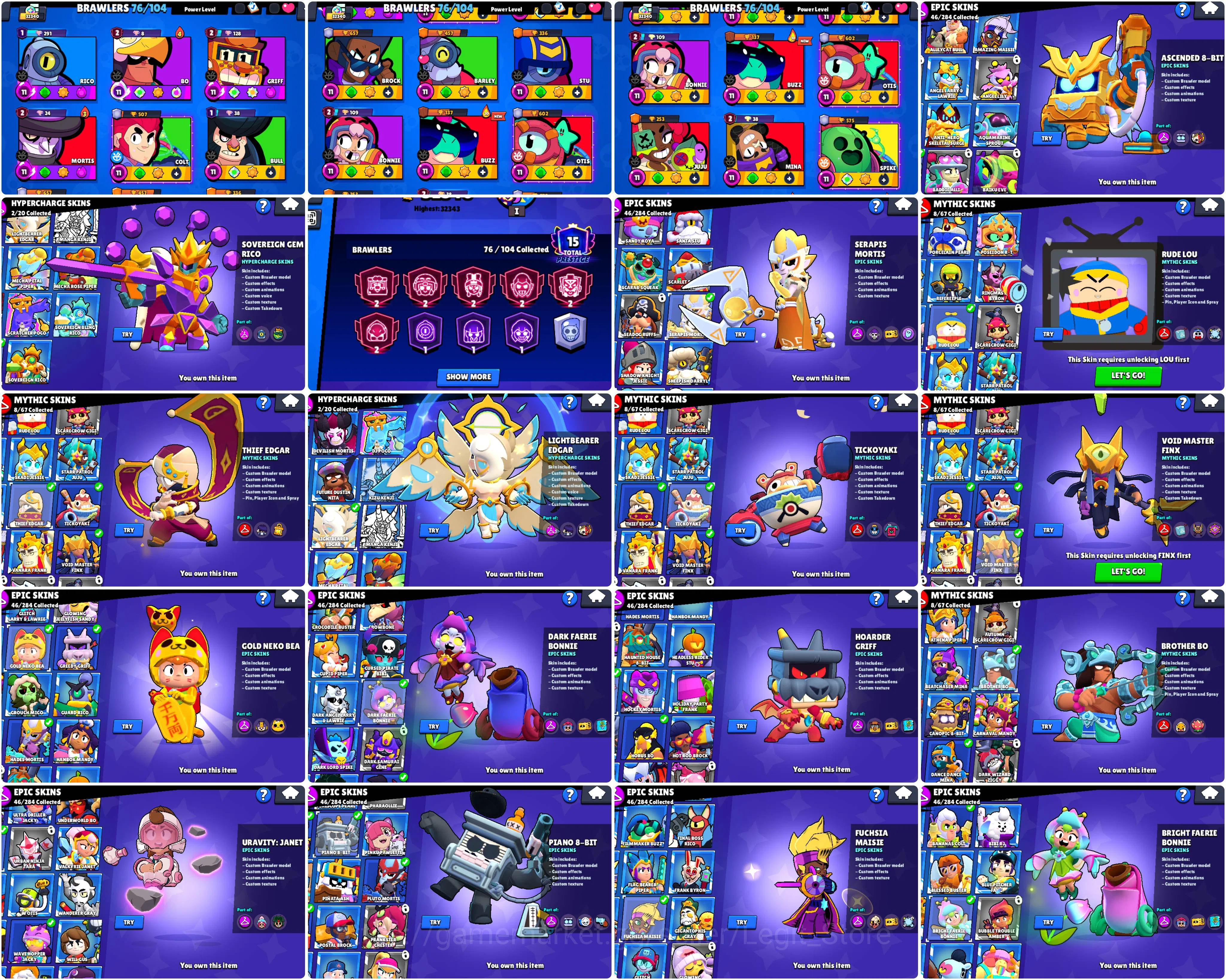Brawl Stars Accounts 6x2 lvl PRESTIGE | 110 GEMS | 32k TROPHY | LIGHTBEARER EDGAR | TICKOYAKI | 3 FAERIE BONNIE | 3 DRAGON 2