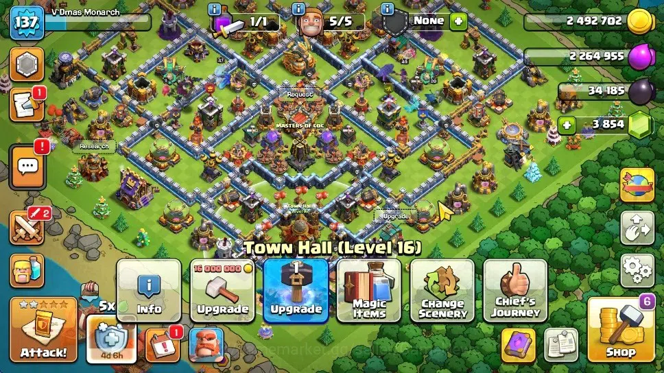 Clash of Clans Accounts High-End LV 137|TH 16|HH 10|Limited Skin|BK 47,AQ 49,GW 26,MP 48,RC 20,DD 11|BM 7,BC 15|3.854 Gem|CN 1