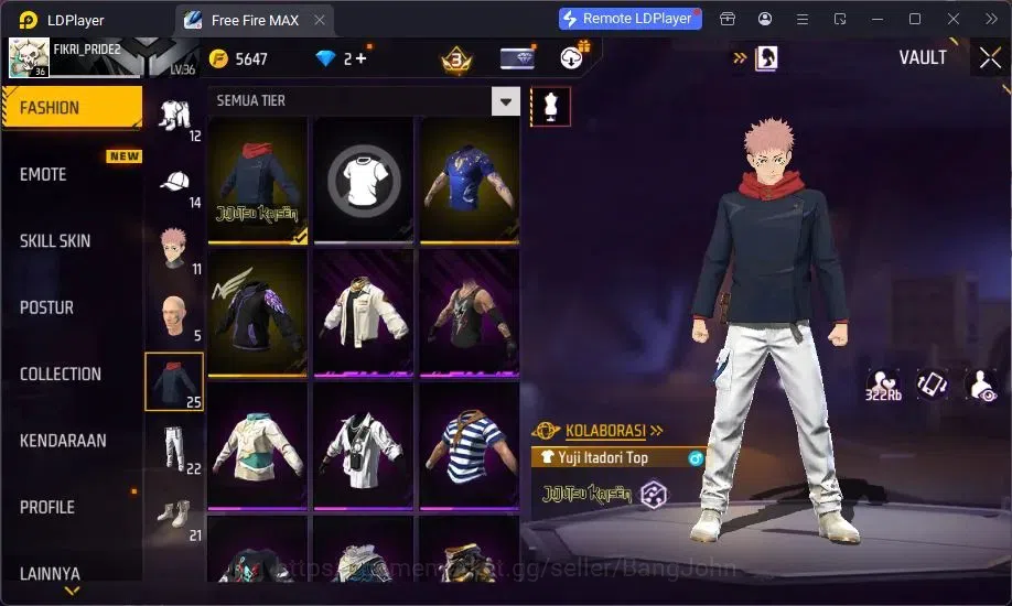 Free Fire Accounts Indonesia | Yuji Itadori collab bundle, Vault 241, image 11