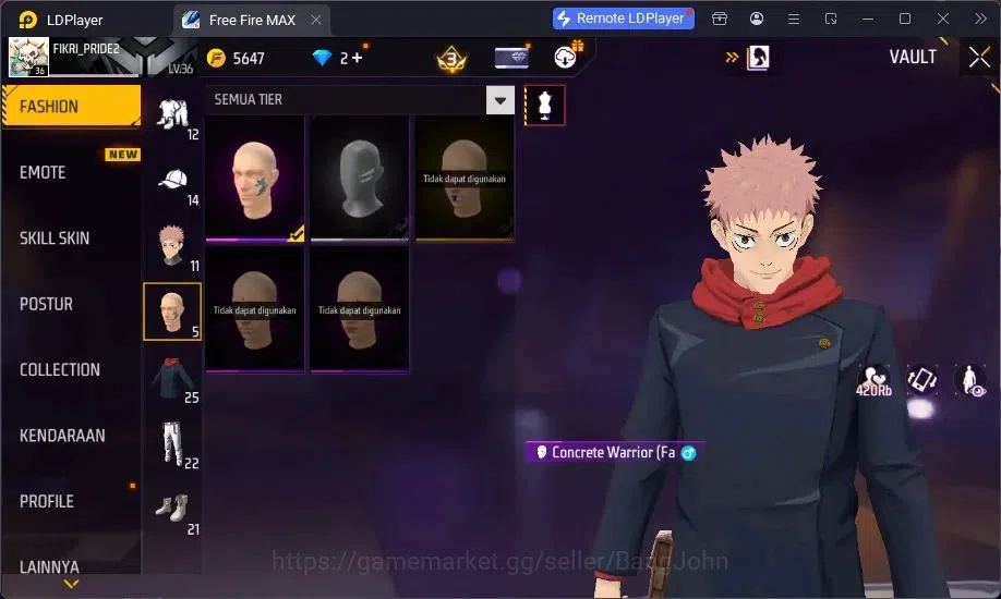 Free Fire Accounts Indonesia | Yuji Itadori collab bundle, Vault 241, image 12