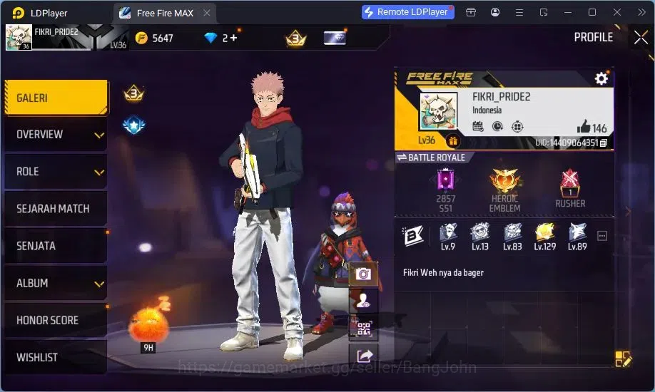 Free Fire Accounts Indonesia | Yuji Itadori collab bundle, Vault 241, image 2