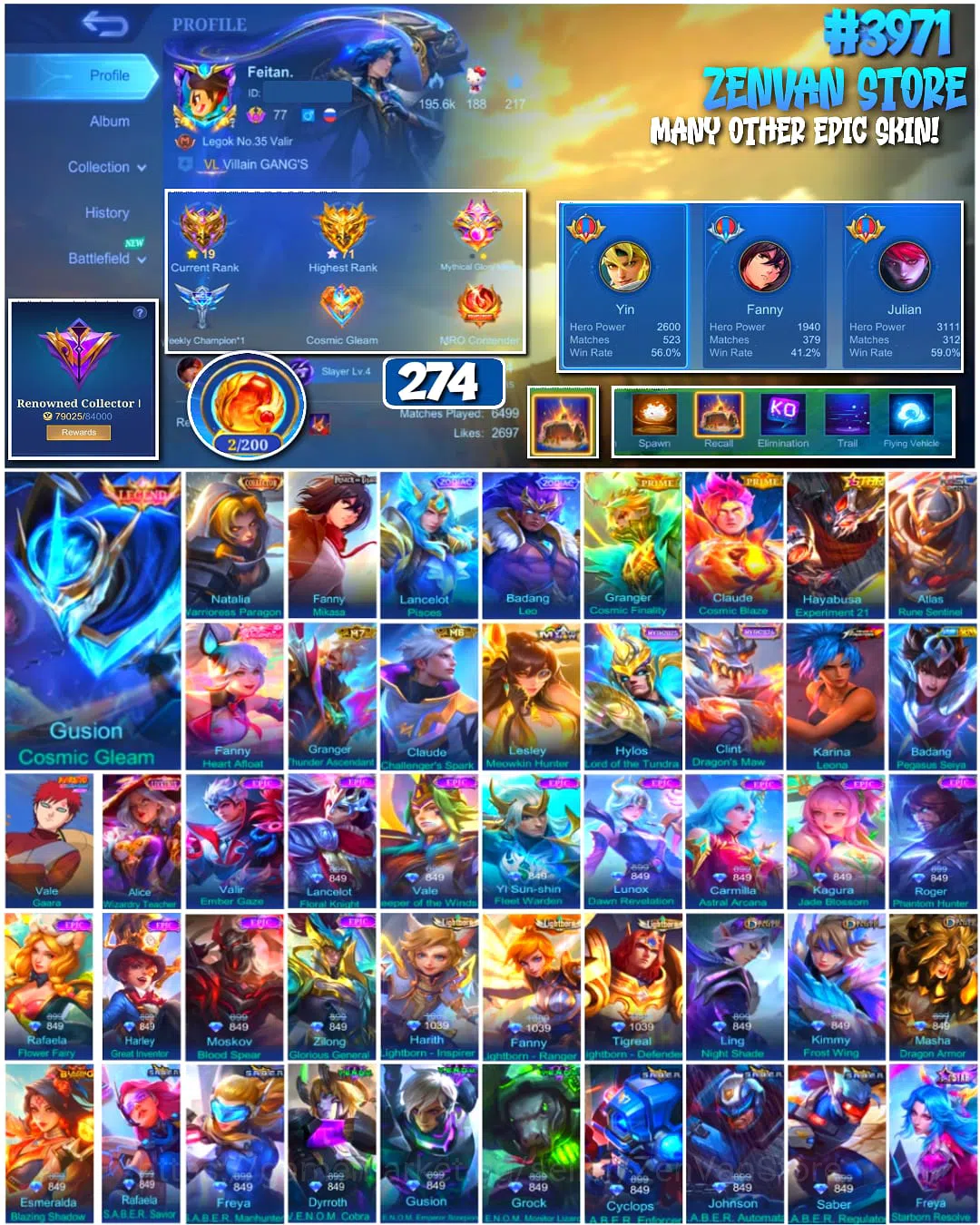 Mobile Legends: Bang Bang Accounts #3971 274 Skins Legend Gusion Collector Natalia Attack on Titan Mikasa Prime Granger 1