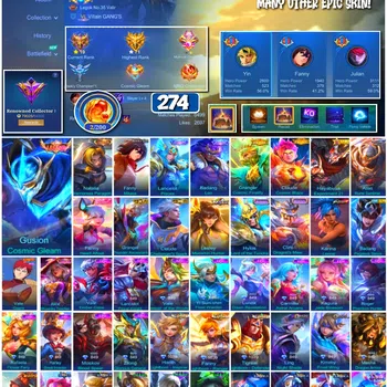 Mobile Legends: Bang Bang Accounts #3971 274 Skins Legend Gusion Collector Natalia Attack on Titan Mikasa Prime Granger