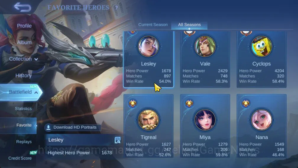 Mobile Legends: Bang Bang Accounts Collector Hero 121|Skin 225|Granger Prime,Star Lesley,Cyclops SpogB,LB Tigreal,Saber 5