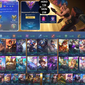 Mobile Legends: Bang Bang Accounts Smurf BEST OFFER | HERO 138 | SKIN 238 | KARINA KOF | 2X DRAGON TAMER | 2X S.A.B.E.R