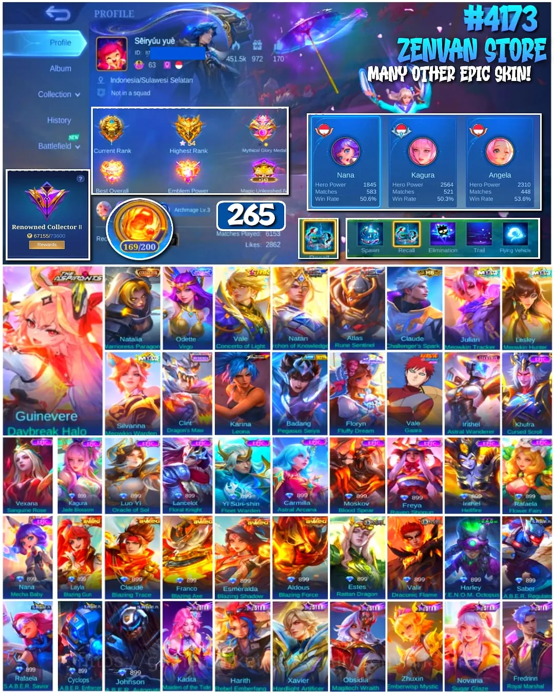 Mobile Legends: Bang Bang Accounts 🔥 #4173 🔥 💎 265 Skins 👑 Collector Natalia Warrioress Paragon ⚔️ Renowned Collector II 1