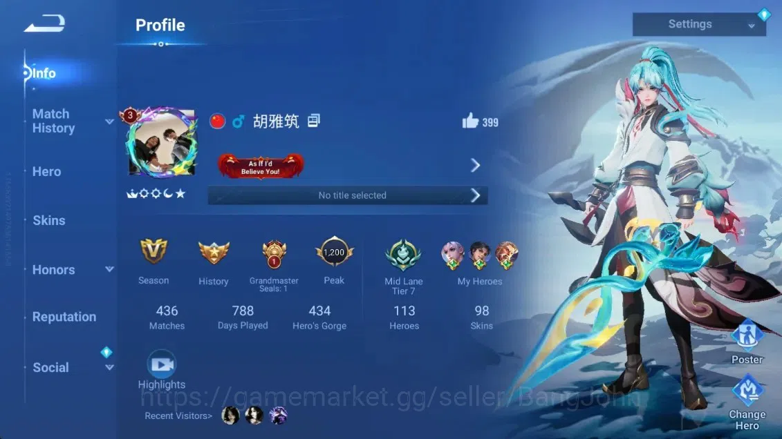 Honor of Kings Accounts Rare Skin Global|113H 98S|5 Legend:Allain,Li Xin,Yao,Dian Wei,Lam|Grandmaster Gan&Mo|Worldly 1