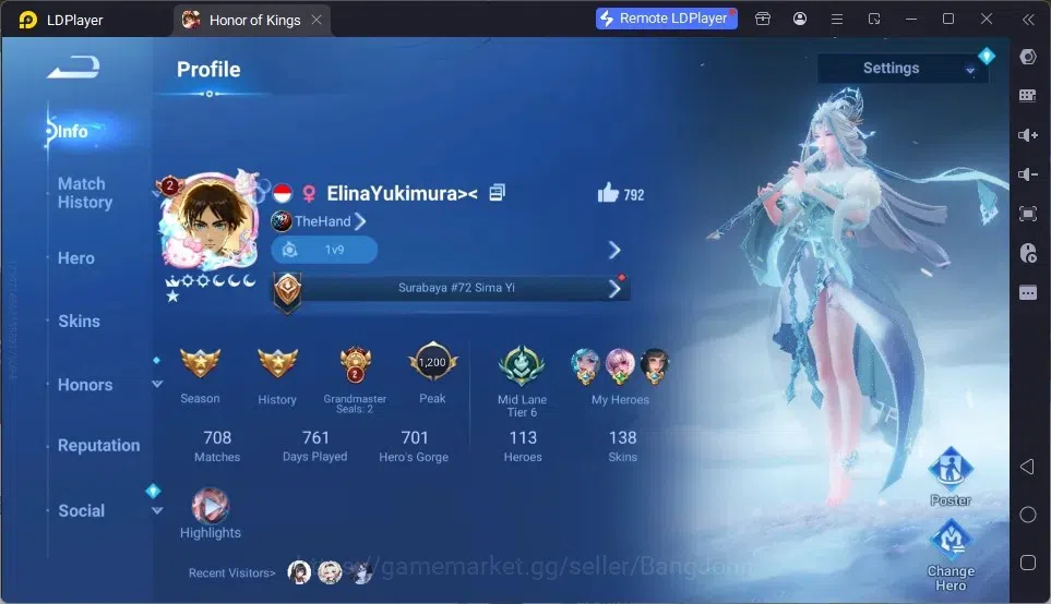 Honor of Kings Accounts Rare Skin Global|113H 138S|KIC Luna|1 Legend|1 Bleach|1 LNY|1 LOM|Any Epic Skins|TakeMail Check SS 1