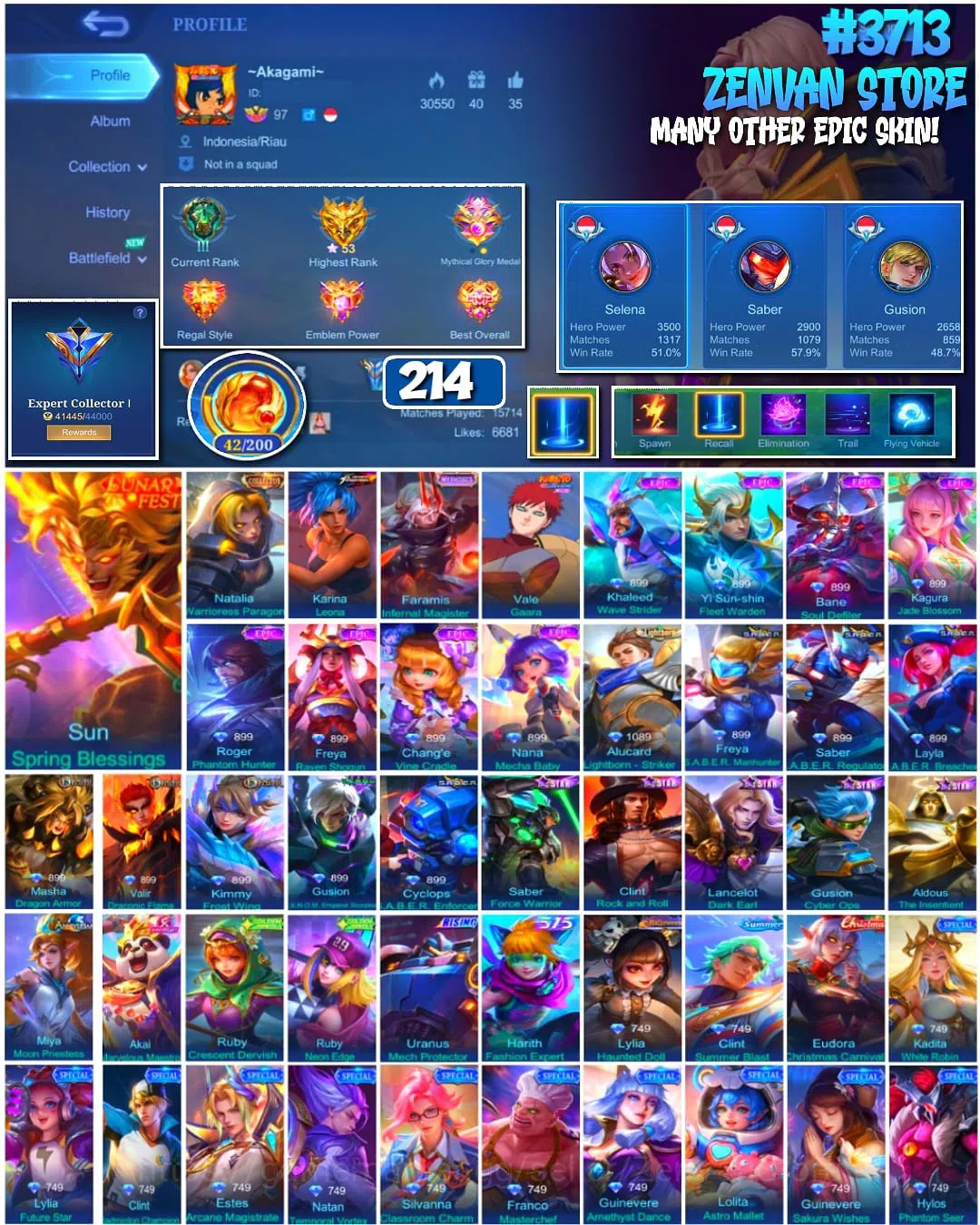 Mobile Legends: Bang Bang Accounts #3713 214 Skins | Collector Natalia | KoF Karina | image 1