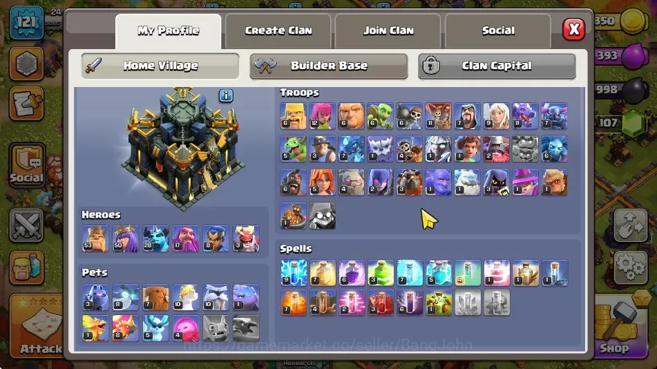 Clash of Clans Accounts High-End TH 17-BH 9|LVL 121|BK53,AQ50,MP28,GW17,RC8,DD3|BM 12-BC16|1 Legendary & 3 Gold Skin|6K 1