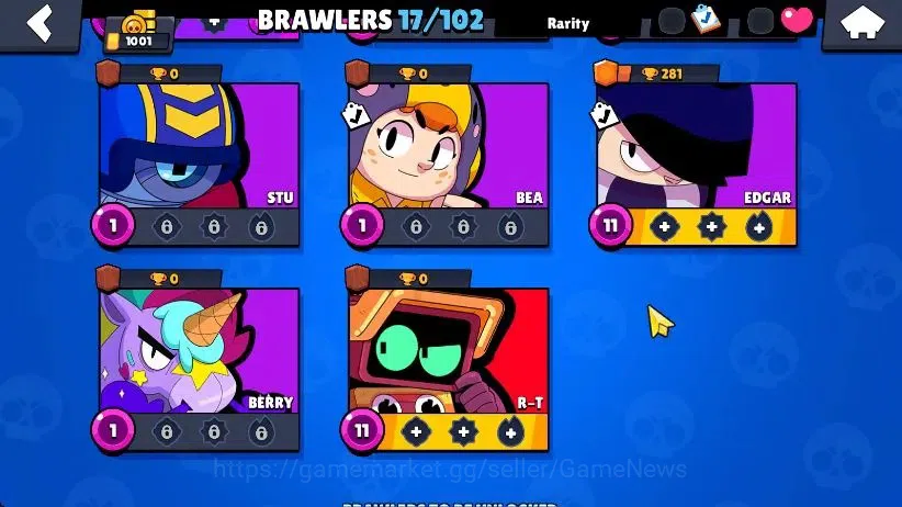 Brawl Stars Accounts 1001 Trophy|17 Brawler 4 Max Lvl [R T,Edgar,Shelly]|2 Epic [Loaded Rico,Dr Edgar] 1 SR|58 Gem|CN 4