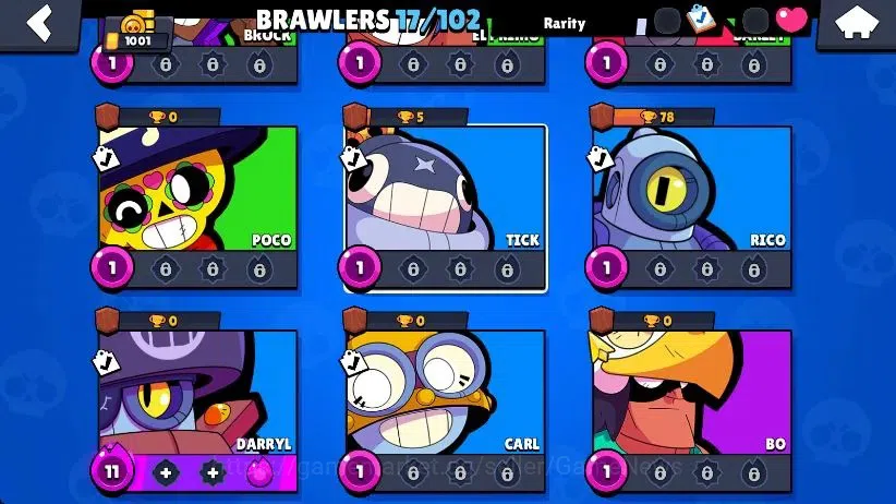 Brawl Stars Accounts 1001 Trophy|17 Brawler 4 Max Lvl [R T,Edgar,Shelly]|2 Epic [Loaded Rico,Dr Edgar] 1 SR|58 Gem|CN 5