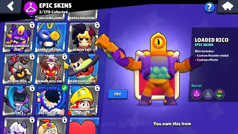 Brawl Stars Accounts 1001 Trophy|17 Brawler 4 Max Lvl [R T,Edgar,Shelly]|2 Epic [Loaded Rico,Dr Edgar] 1 SR|58 Gem|CN 6