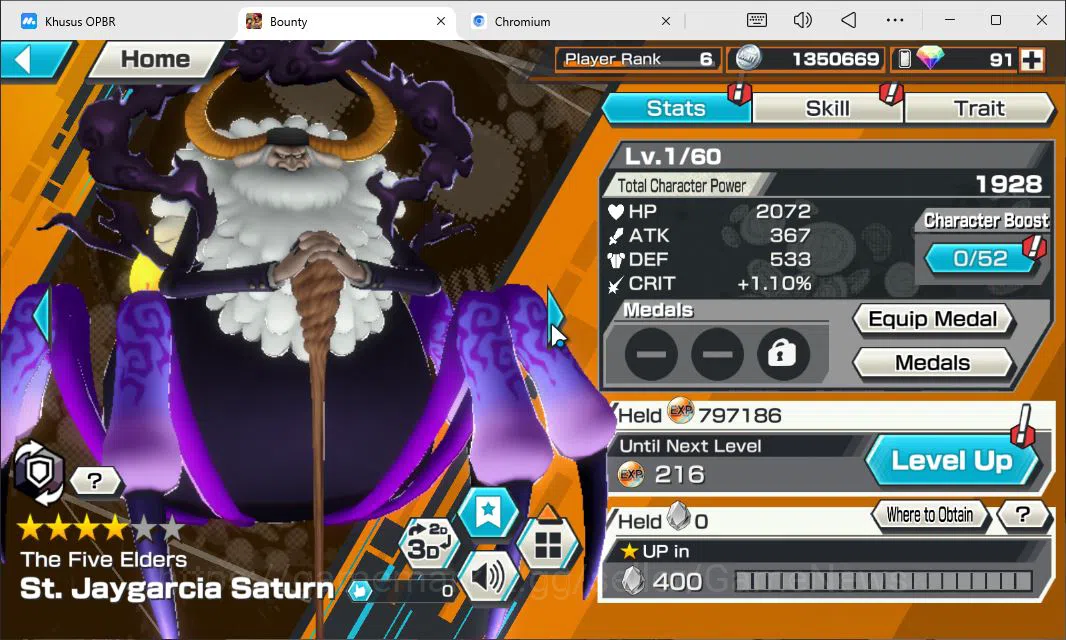 One Piece Bounty Rush Accounts Starter Global|3EX|T5Elder Nusjuro,T5Elder Saturn,FR Shanks,DD Shanks,BMO 9