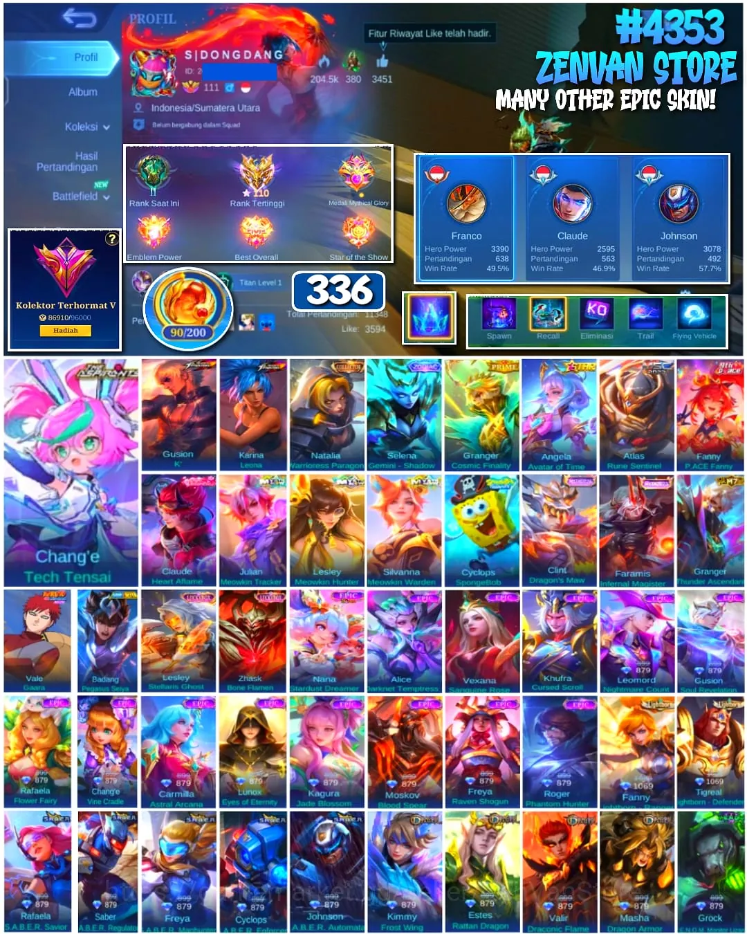 Mobile Legends: Bang Bang Accounts #4353 336 Skins | Gusion K' (KOF) | Karina Leona (KOF) | Vale Gaara (NARUTO) | Badang 1