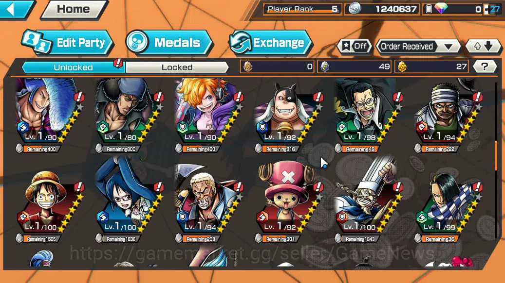One Piece Bounty Rush Accounts Starter Global|3 EX|Film Z Zephyr,Onigashima Kid & Law,4Emperor Luffy |Rank 6