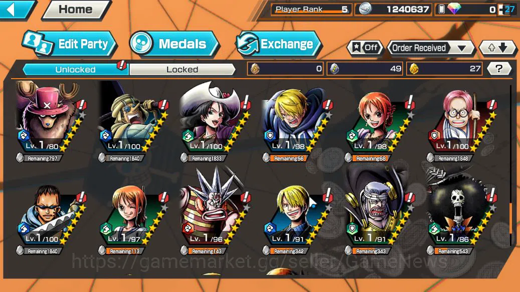 One Piece Bounty Rush Accounts Starter Global|3 EX|Film Z Zephyr,Onigashima Kid & Law,4Emperor Luffy |Rank 8
