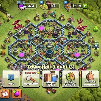 Clash of Clans Accounts High-End LV 172|TH 13-BH 10|HH 7|Limited Skin|BK 73 AQ 75 GW 50 MP 50 RC 25|BM 23 BC 22|1K Gems|CN