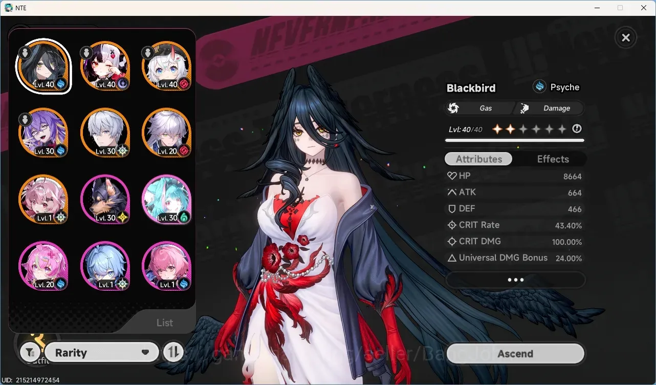 Neverness to Everness Accounts SEA|Hunter 29|6 S-Class/2 Limited (Blackbird)+Sign,Lacrimosa|Blackbird Rouge et Noir 1