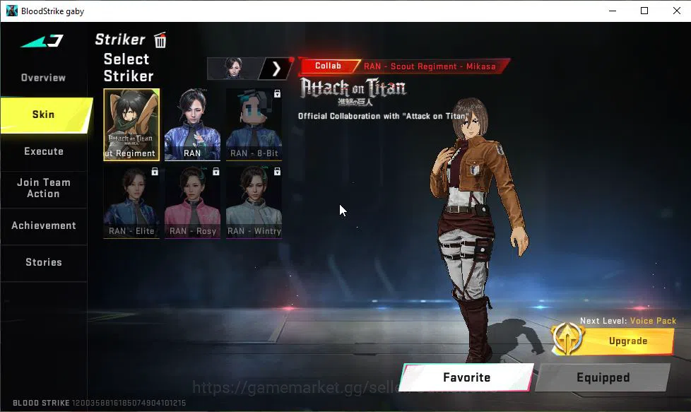 Blood Strike Accounts Mid-Tier ASIA|Collab AOT [Mikasa,M700-Thunder Gun,KAG-6]|10 5