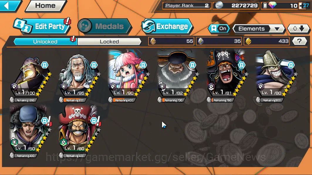One Piece Bounty Rush Accounts Starter Global|4 EX|5Elder Saturn,4Emperor Teach,BP Kuzan,KOP Roger|Rank 2|Log 3