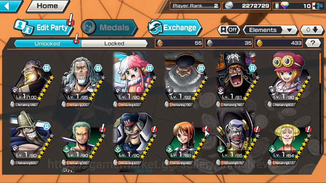 One Piece Bounty Rush Accounts Starter Global|4 EX|5Elder Saturn,4Emperor Teach,BP Kuzan,KOP Roger|Rank 2|Log 4