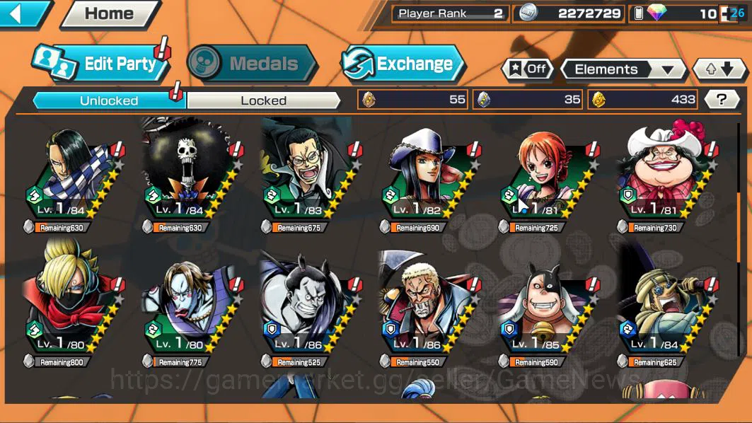 One Piece Bounty Rush Accounts Starter Global|4 EX|5Elder Saturn,4Emperor Teach,BP Kuzan,KOP Roger|Rank 2|Log 5